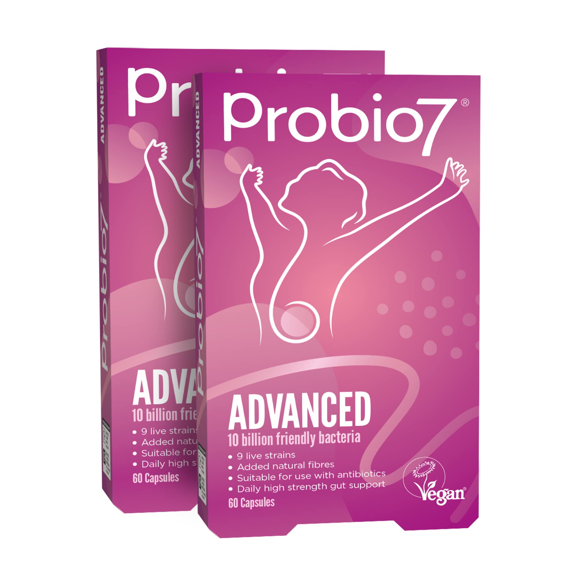 Probio7 Advanced | 9 Live Strains | with 10 Billion CFU, Saccharomyces Boulardii + 2 Types of Fibre | Gut Health Supplements, Probiotics for Gut Health - 120 Vegan Capsules (4 Months Supply)
