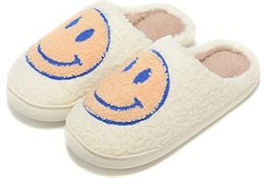 KOLEGE Retro Fuzzy Face Slippers for Women Men, Retro Soft Fluffy Warm Home Non-Slip Couple Style Casual Smile Face Slippers Indoor Outdoor Anti-Skid Warm Cozy Foam Slide Fuzzy Slides with Soft Memory Foam Shoes