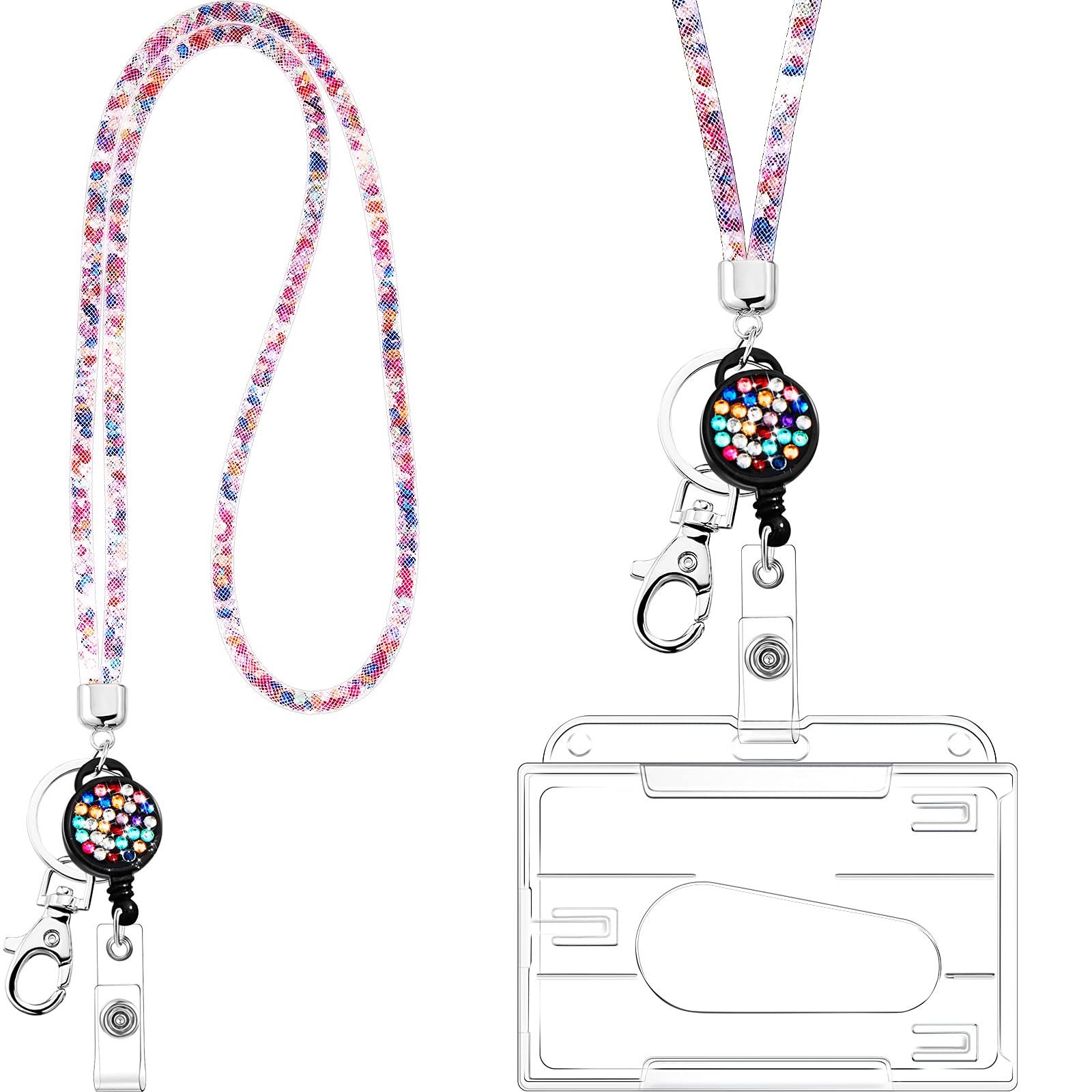 Frienda Badge Holder, Crystal Lanyard Necklace with Transparent ID Card Holder Keyring, Bling Rhinestone Strap for Keys ID Badge (Colourful)