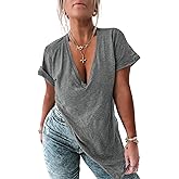 Tankaneo Womens Deep V Neck Short Sleeve T Shirts Summer Oversized Tshirts Casual Loose Fit Tunic Tops