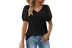 Aokosor Womens Summer Tops V Neck T Shirts Swiss Dot Puff Sleeve Tops Loose Casual Tshirts