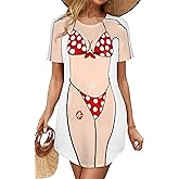elescat Women's Beach Cover Up Bikini Printed Short Sleeve Tshirt Dress Baggy Cute Coverups