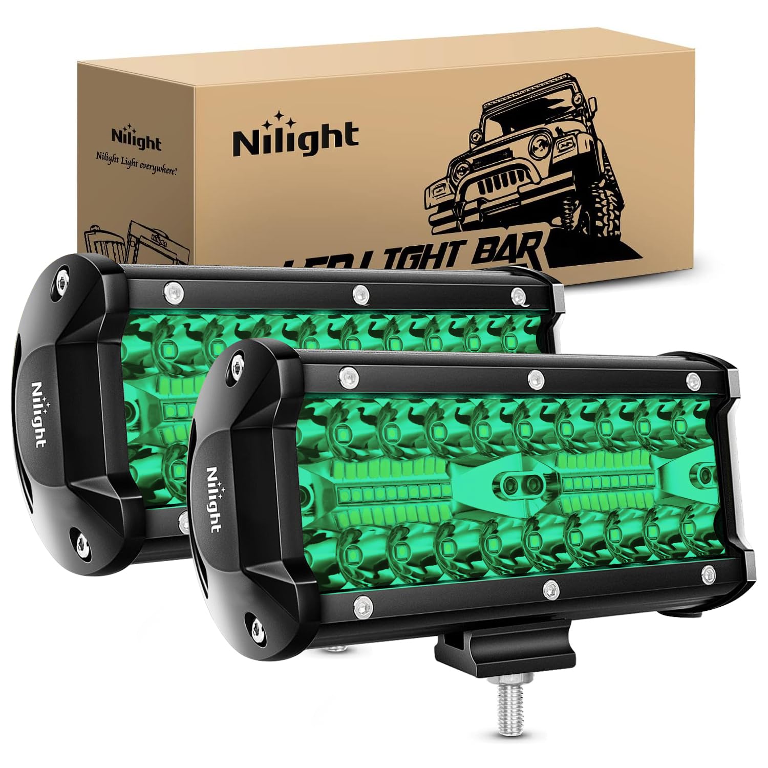 Nilight 6.5 Inch LED Light Pods Green Triple Row 2PCS 120W Flood Spot Combo Off Road Driving Fog Fishing Hunting Emergency Safety Signal Deck Trailer Lighting for UTV Pick-up Van Boat Tractor Image