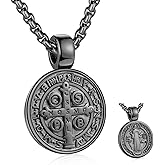 St Benedict Exorcism Medal, Men's Catholic Protector Pendant Necklace | Stainless Steel Catholic Roman Patron Saint Pendant, Round Antiqued Religious Cross Protector Talisman Pendant