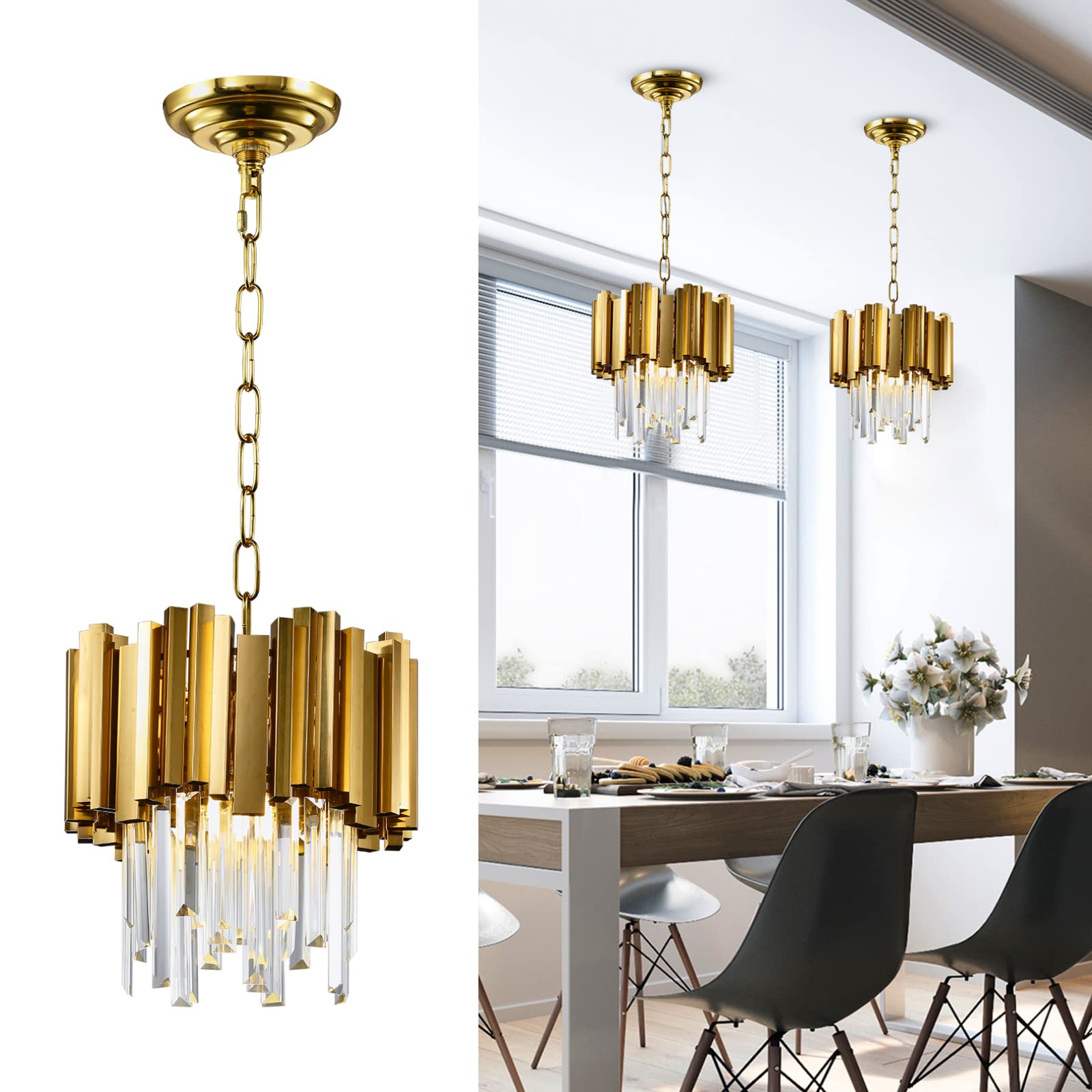 Photo 1 of ***FACTORY SEALED***WALUIN Modern Crystal Pendant Light Fixture, Contemporary 12” Round Crystal Chandelier, 2-Tiers Island Chandelier Hanging Light for Dining Room, Living Room, Kitchen, Foyer, Entryway, Antique Brass