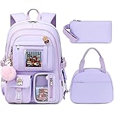 LXYGD Laptop Backpacks 16 Inch School Bag College Backpack 3 PCS with Lunch Box Pencil Pouch Set Large Travel Daypack Kawaii Bookbags for Teens Girls Women Students (Purple)