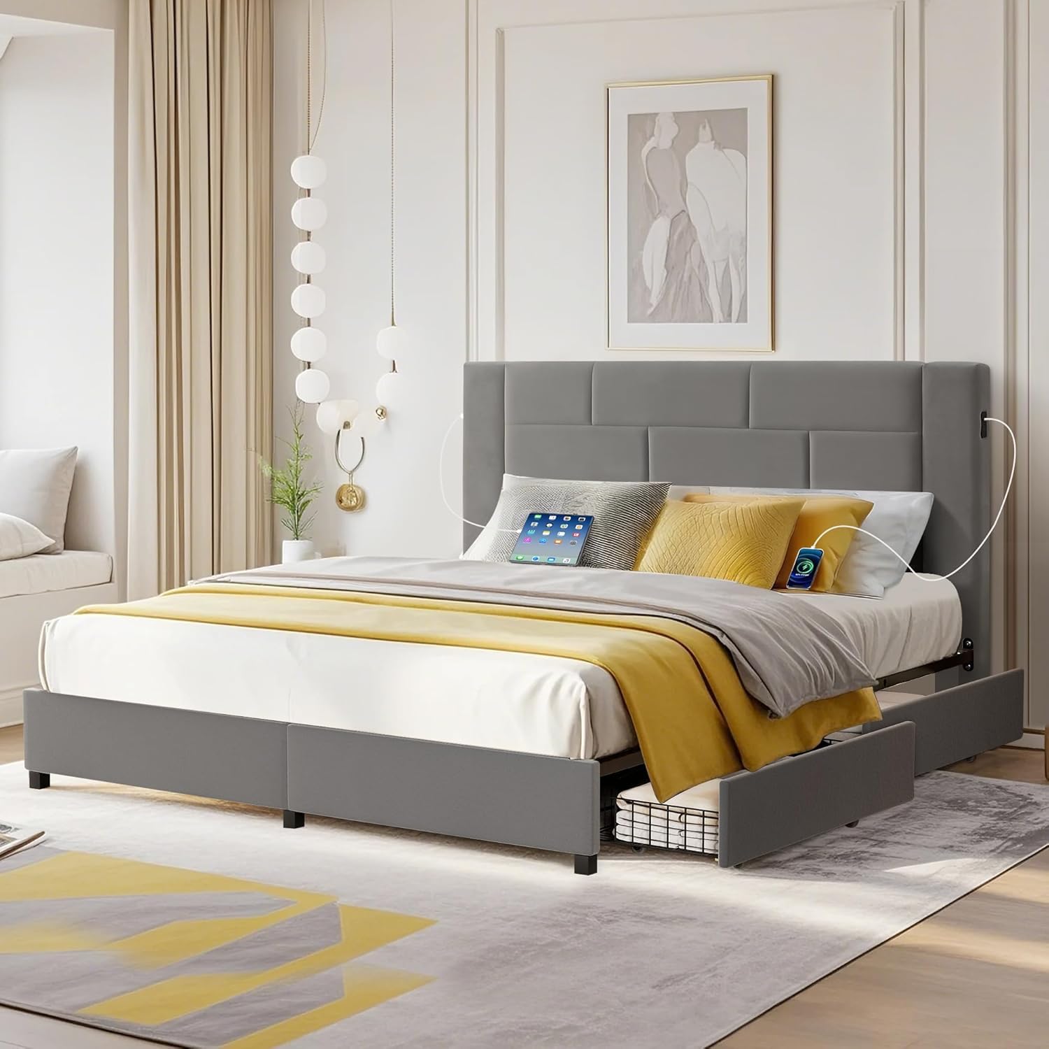 VECELO Full Bed Frame with 4 Storage Drawers, Velvet Upholstered ...