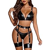 Avidlove Women Lingerie Set Leather Garter 5 Piece Bra and Panty Set Babydoll