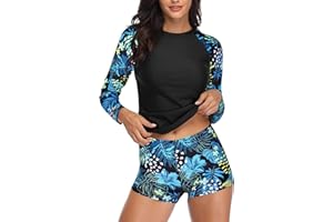 Daci Women Two Piece Rash Guard Long Sleeve Swimsuits UV UPF 50+ Swim Shirt Bathing Suit with Boyshort Bottom