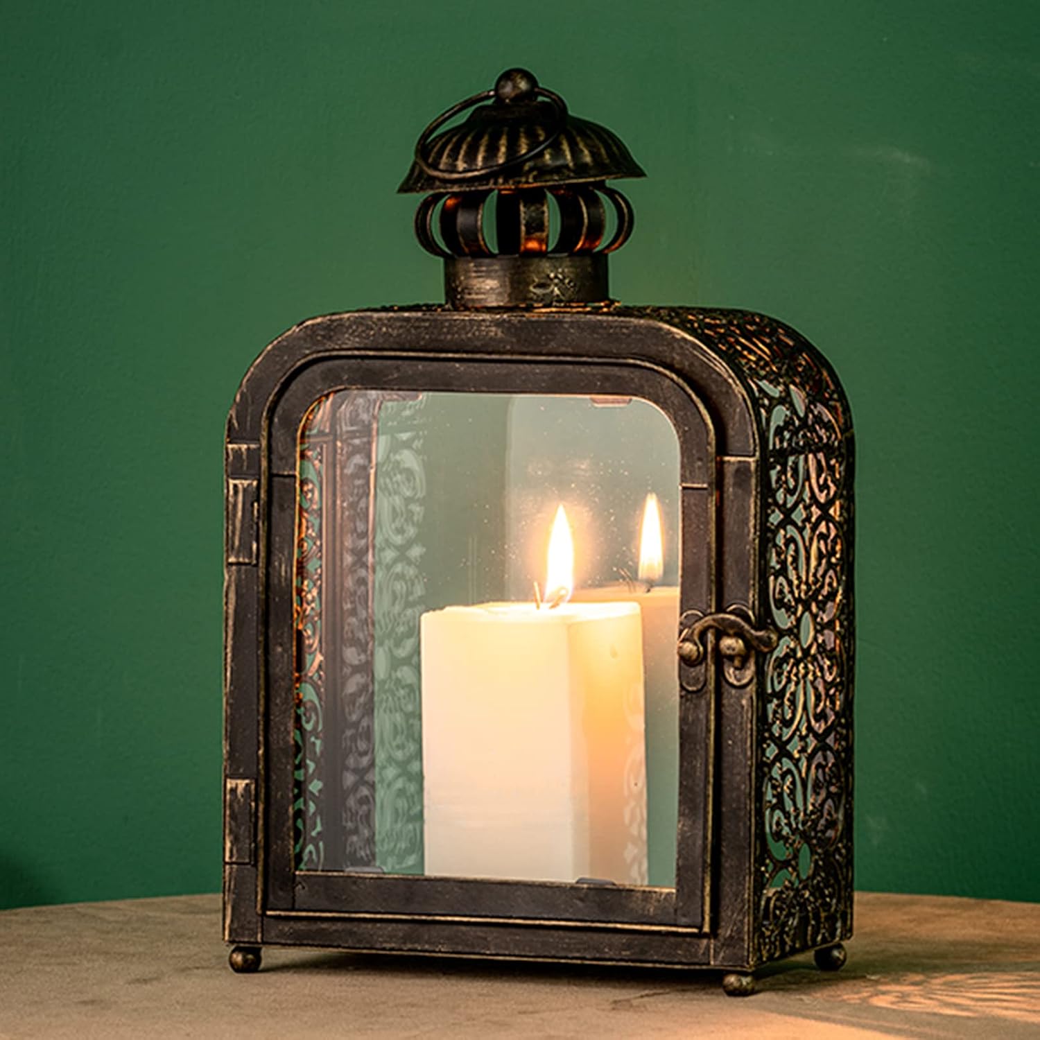 DECORKEY Candle Lantern, Vintage Decorative Hanging Lantern, Metal Tabletop Lantern for Home Outdoor Patio Decor, Candle Holders with Clear Glass (Bronze): Kitchen & Dining