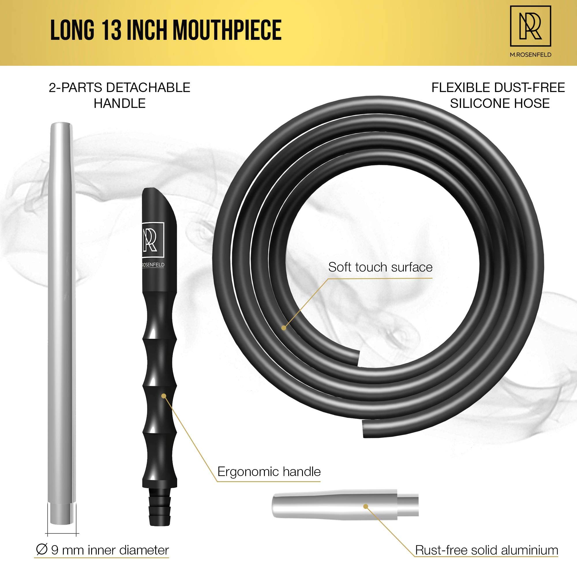 Premium Hookah Hose with Aluminum Mouthpiece - 59 inch Long Silicone Water Pipe Hose, Washable, with 15 inch Easy-Grip Handle 2-Part Mouthpiece - Modern Design, Won\'t Rust or Ghost + Free E-Book