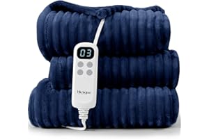 blunique Heated Throw Blanket Striped Electric Blanket - Heating Blanket Throw with 6 Heat Levels & 4 Hours Auto-Off, Cozy Soft Fleece Blanket, Washable, Fast Heating, 50 x 60 Inches, Navy Blue