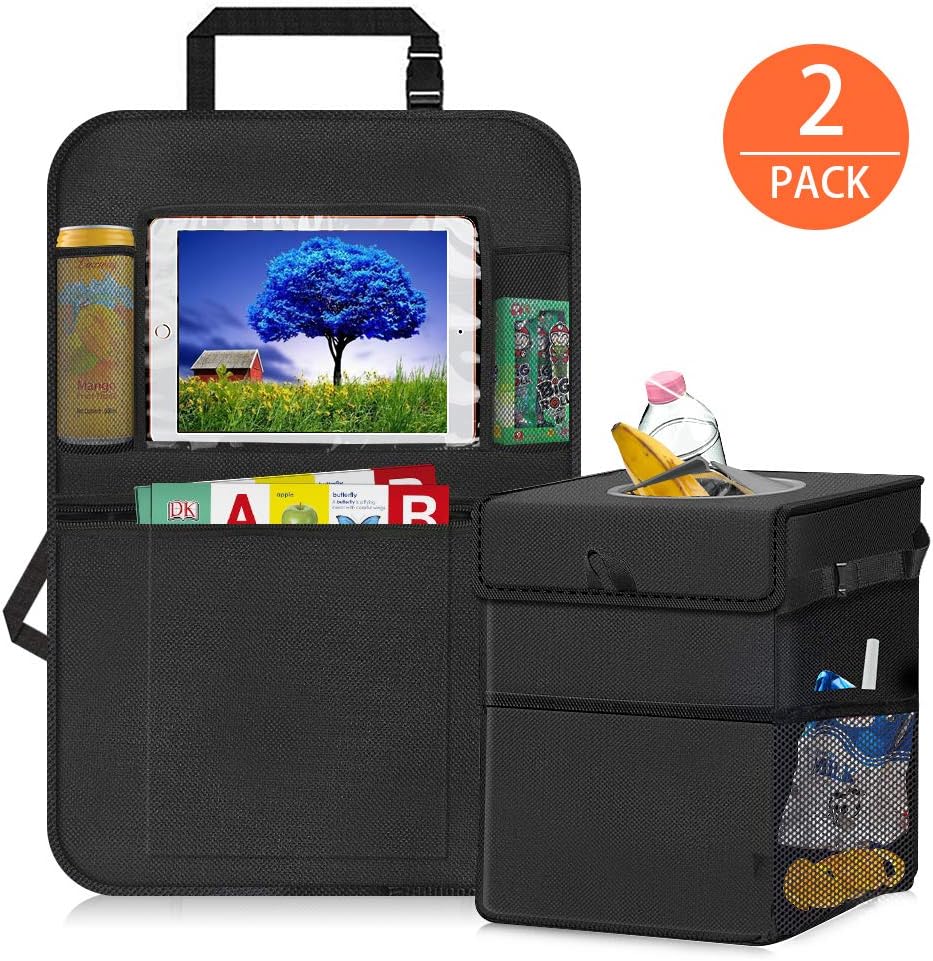 AVNICUD Car Trash Can and Car Seat Back Organizer Set, Waterproof Car Garbage Can with Lid and Storage Pockets, Car Back Seat Organizer with Tablet Holder for Kids