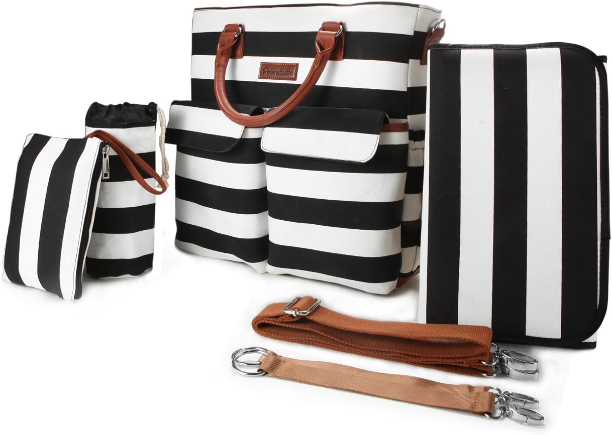 5 in 1 Baby Diaper Bag Black and White Stripe Cotton Canvas with Changing Pad, Milk Bottle Bag,Handbag,2 Stroller Straps,Black&White