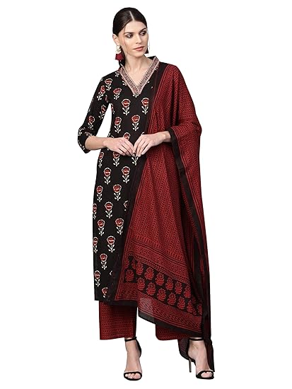 Women's pure cotton Straight Kurta sets With Palazzos (Black)