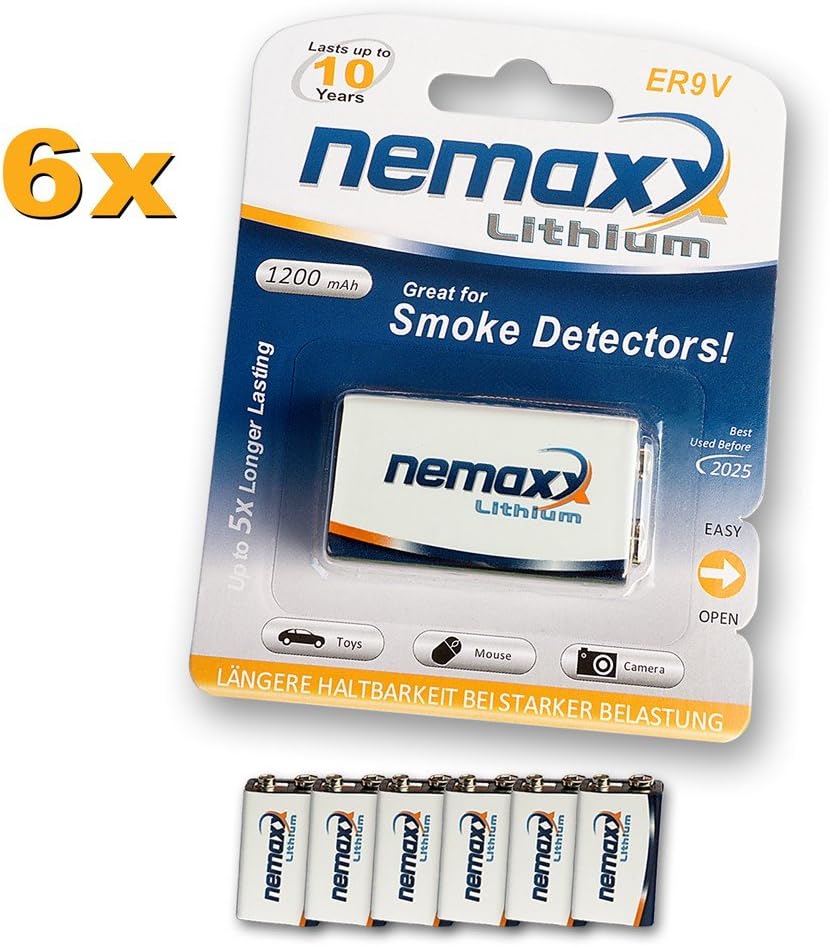 6x Nemaxx lithium 9V battery for smoke detectors 10 years life span