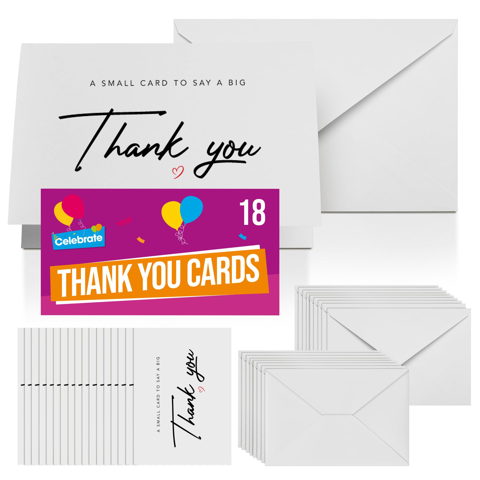 SOL 18x Thank You Cards with Envelopes - 250 GSM White Cardstock - A6 Size - Small Thank You Cards Multipack - Thankyou Cards Multipack - A Small Card to Say a Big Thank You