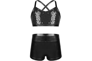 dPois Kids Girls Dance Outfit Strappy Crop Top Sequin Dance Tank and Shiny Metallic Shorts Set Hip Hop Streetwear