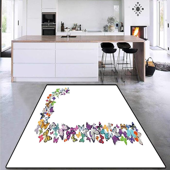 Letter J, Door Mats for Inside, Alphabet and Nature Tropical Biological Monarch Collection of Wings Typeset ABC, Area Rug Anti Slip Pad 6'6" x 10' Multicolor