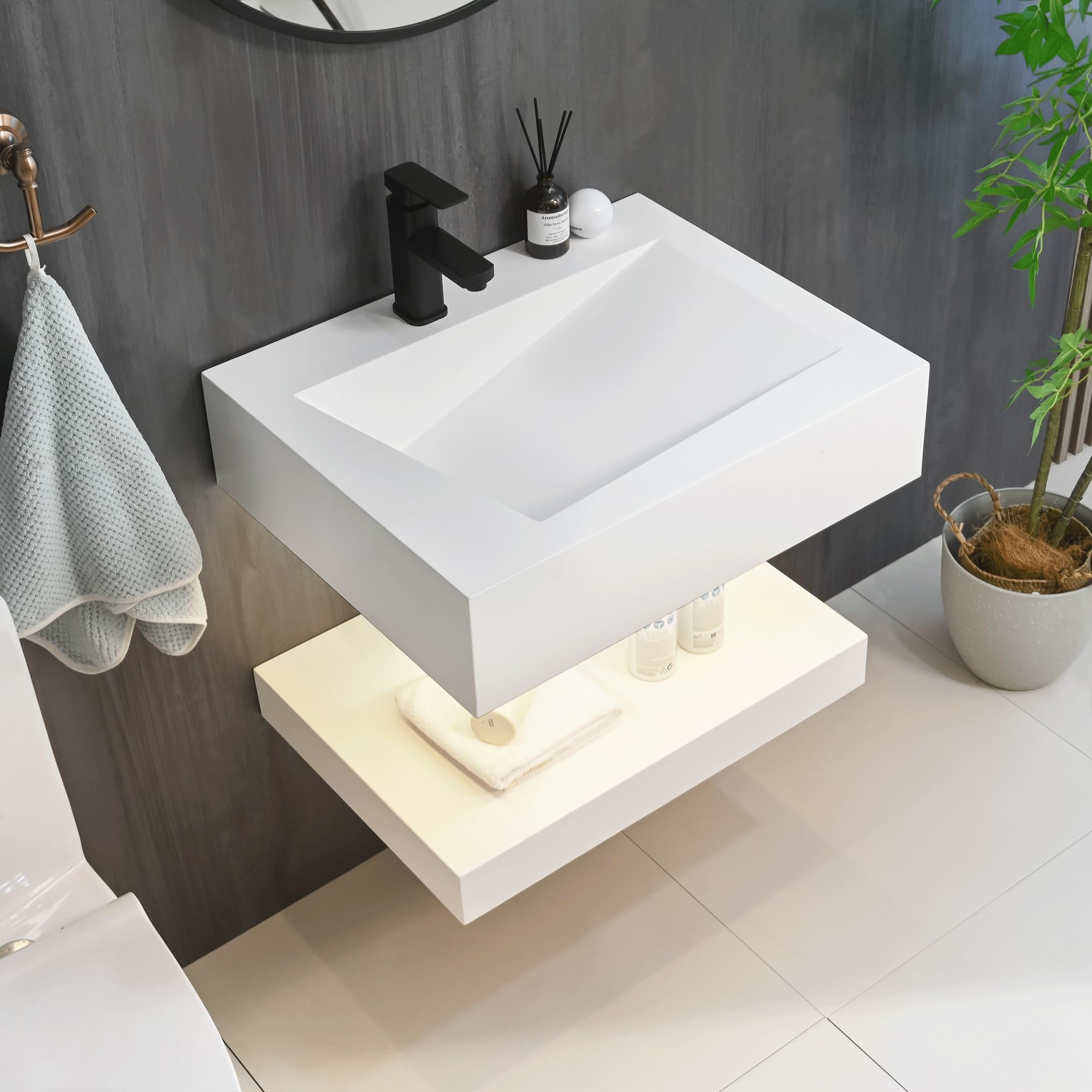 Photo 1 of GESIPOR 24"x19" Wall Mount Bathroom Vanity with LED Smart Sensor Light, Stone Resin Floating Vanity Sink Rectangular Vessel White Trough Art Basin with Shelf Layer