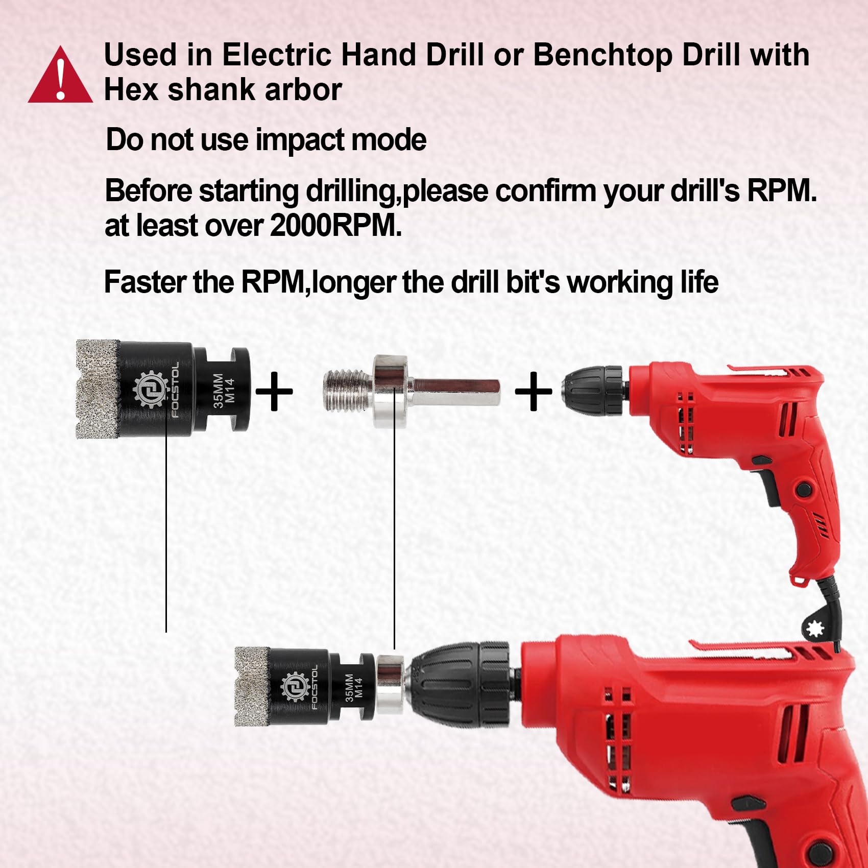 FOCSTOL Diamant Fliesenbohrer Set - 6/8/10/25/35/50/68mm+10mm Fingerfräser+50mm Fasenbohrer+Sechskantschaft Adapter für Porzellan Keramik Fliese Marmor Granit Stein Quarz Packung mit 10 6