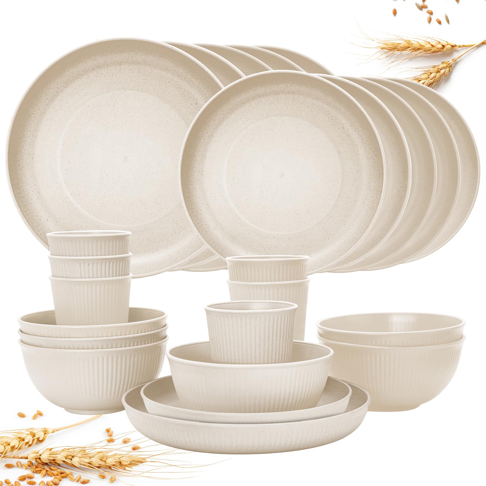 Photo 1 of Wheat Straw Dinnerware Sets for 6, Osonm 24PCS Unbreakable Reusable Plastic Plates Bowls Cups Set, Dishwasher Microwave Safe Dishes Set for Kitchen, Dorm, Camping, RV, Picnic (Beige)