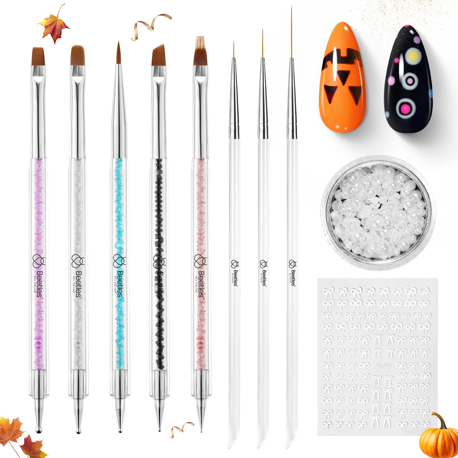 Beetles Nail Art Brushes, 8pcs Double-headed Nail Art Tool Set, Nail Dotting Tools, Striping Nail Art Brushes for Lines, Nail Drawing Pen with Bow knot Stickers Gift for Women