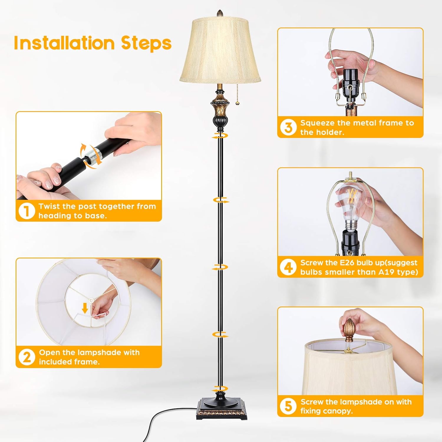 TOBUSA Traditional Floor Lamp, Classic Standing Lamp with Bronze Fabric Shade, Vintage Elegant Tall Pole Lamp for Living Room Bedroom Office Reading, Rustic Upright Floor Lights, Pull Chain Switch - - 
