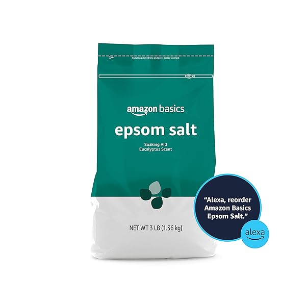 AMAZON BRAND – SOLIMO EPSOM SALT SOAKING AID, EUCALYPTUS SCENTED, 3 POUND