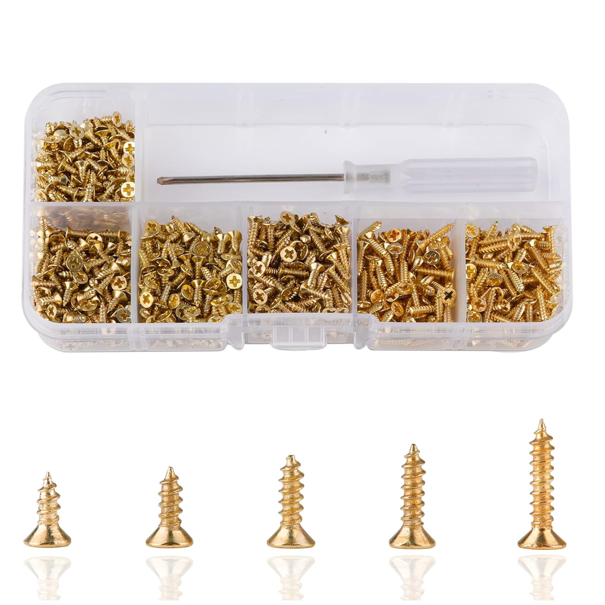 Roosea 1000 Pcs M2 Small Hinge Wood Screws 5/6/7/8/10 mm Tiny Flat Head Cross Small Brass Screws with Screwdriver for DIY Hinge Dollhouse Drawer Accessories(Golden) — image 1