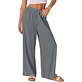 AISEW Women's Cotton Linen Palazzo Pants Drawstring Elastic Waist Casual Wide Leg Long Lounge Trousers with Pockets