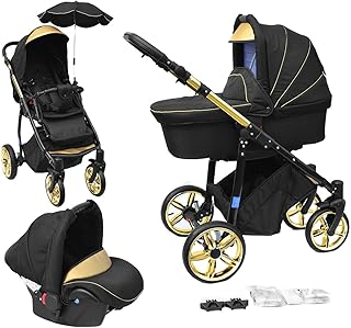 Skyline 3in1 Kombi Kinderwagen mit einem Aluminium Gestell, Babywanne, Sport Buggyaufsatz und Babyschale (ISOFIX) (Schwarz&amp;Gold)