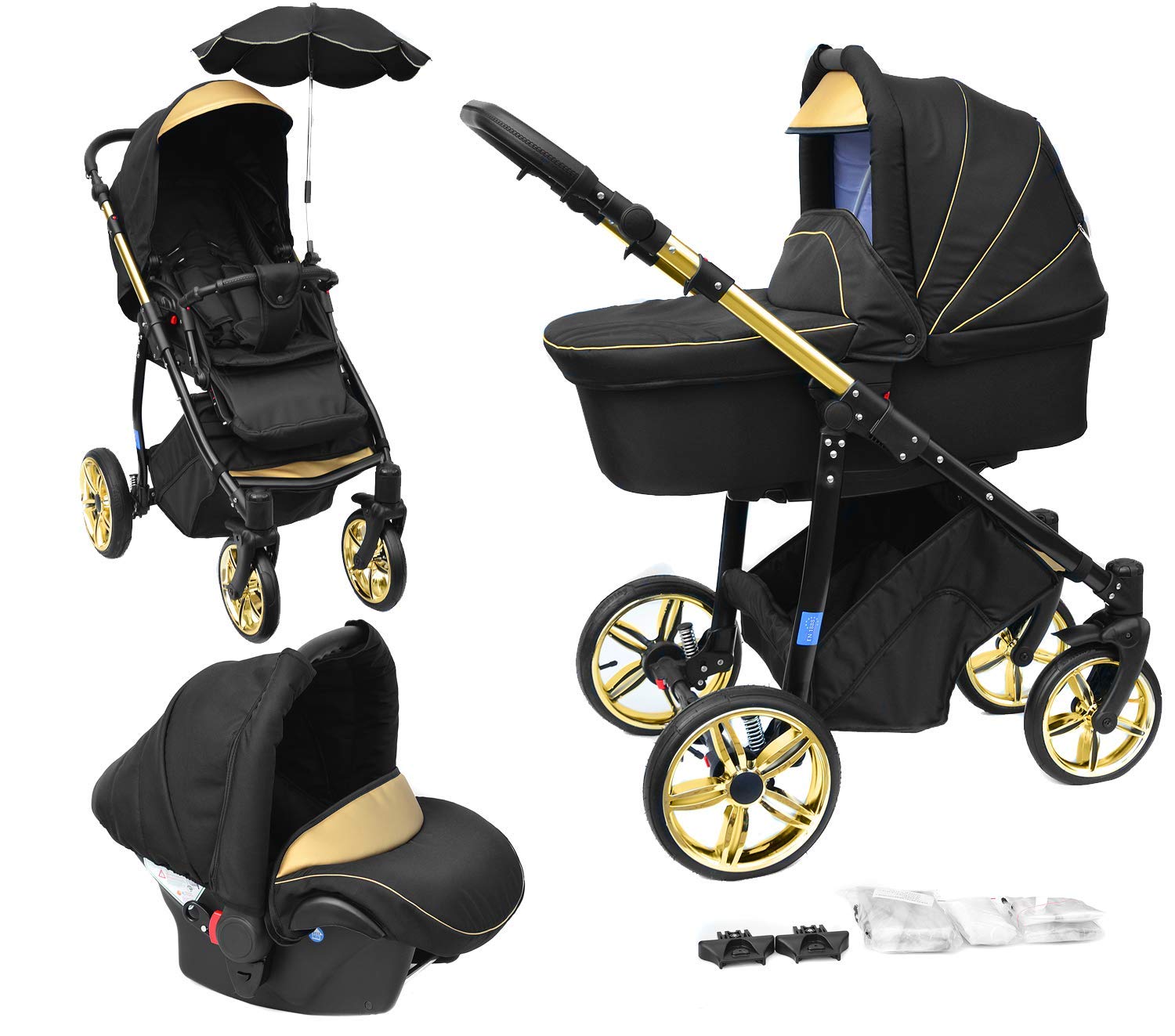 Skyline 3in1 Kombi Kinderwagen mit einem Aluminium Gestell, Babywanne, Sport Buggyaufsatz und Babyschale (ISOFIX) (Schwarz&amp;Gold)