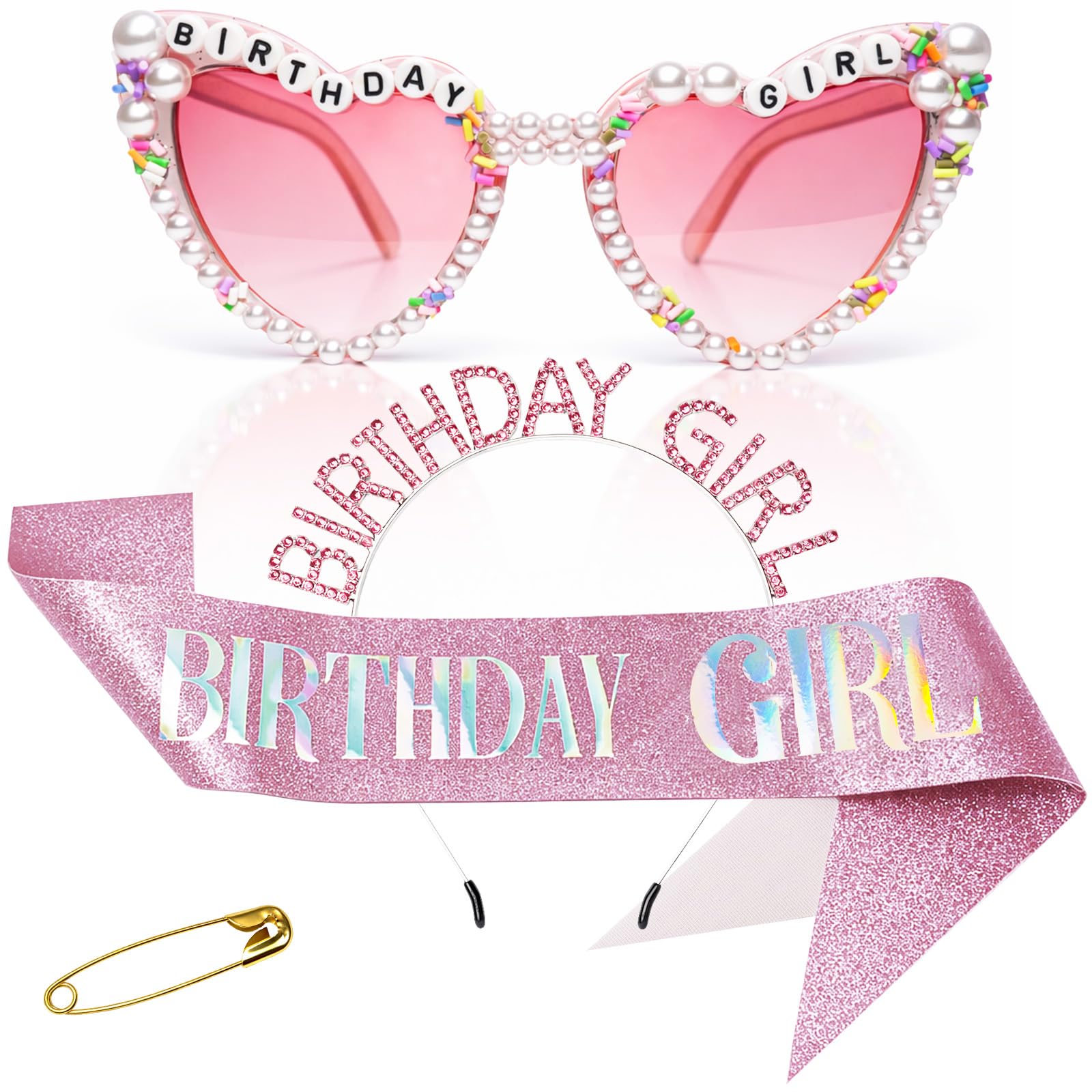 Hokoad 3 pcs Birthday Crown Sash Glasses Set, Rhinestone Birthday Girl Headband Birthday Tiara Glitter Birthdays Sash for Women Birthdays Queen Accessories Kit for Girl Women (Birthday Girl Pink)
