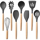 Herogo 8 Pcs Heat-Resistant Silicone Kitchen Utensils Set, Non-Stick Food-Grade Cooking Utensils with Wooden Handle, Includes Spatula Spoon Turner Server Whisk Ladle for Baking, Cooking (Dark Gray)