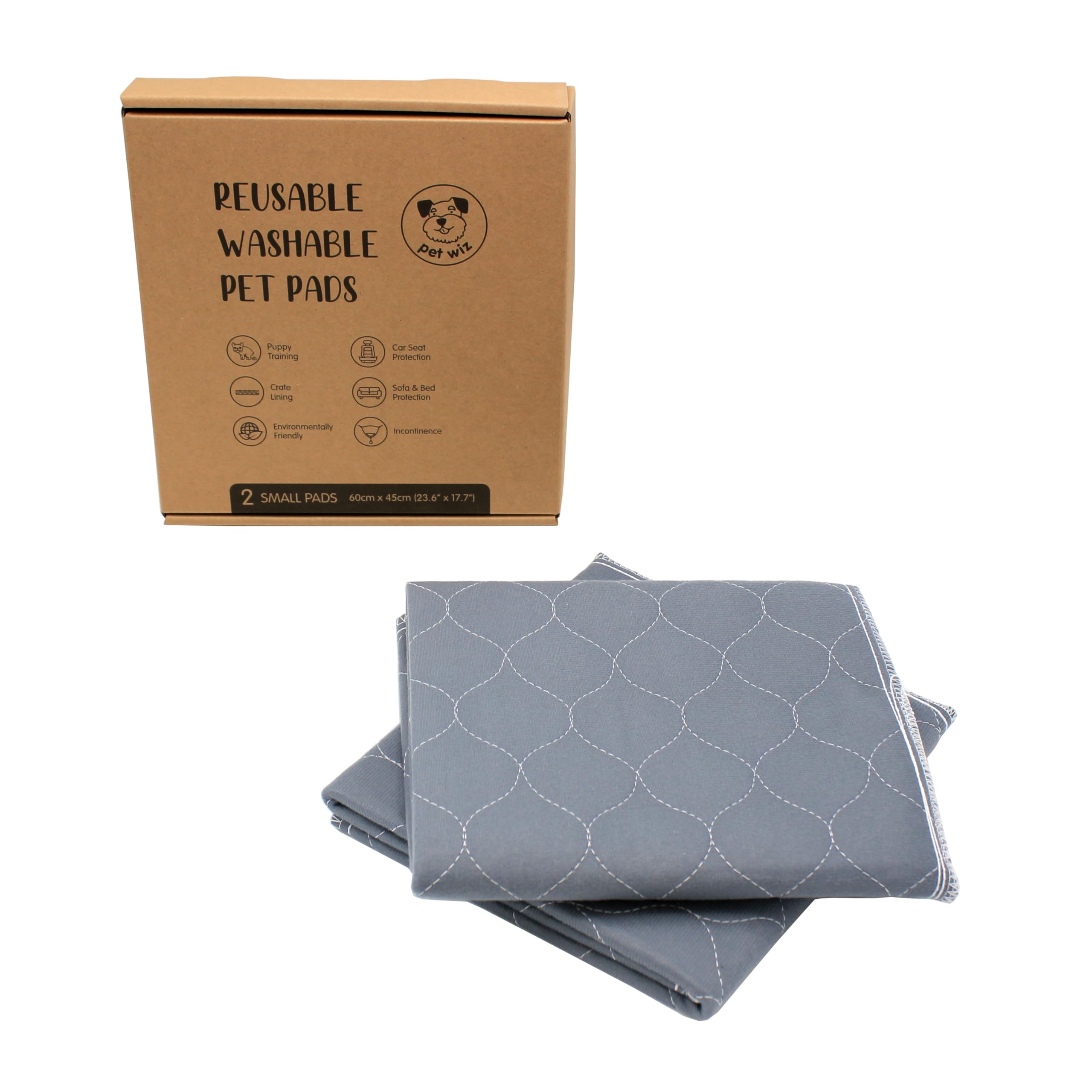 Two Pack of Reusable, Washable, Pet Pads in Grey, 4 Absorbency Layers & Slip Resistant Backing, For Training & Incontinence (Small (60 x 45cm))
