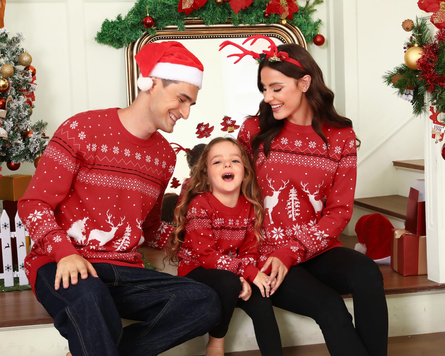 Aiboria Women's Matching Family Ugly Christmas Reindeer Snowflakes Pullover Sweater