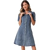 Allegra K Denim Dress for Women's Puff Sleeve Button Down Collared Jean A-Line Dress