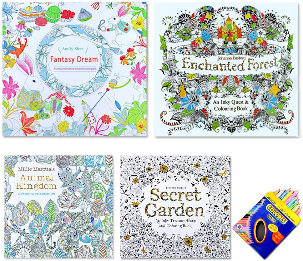 Yansion Pattern/Flowers Adult Coloring Books 4 and 12 Coloring Pencils, Relaxation Anti Stress Ideal Birthday Mother's Day Xmas Gift