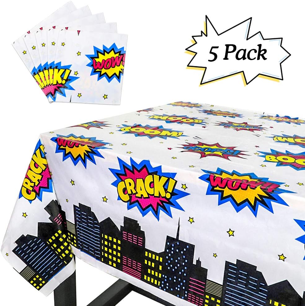 Haojiake 5 Pack Superhero Table Cover, 51x86inches Plastic Disposable Tablecloth Creative Converting Comics Birthday Party Supplies