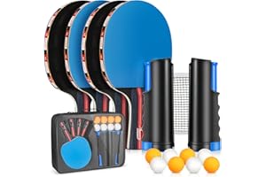 Fostoy Ping Pong Paddles Set, 4 Ping Pong Paddles with 8 Ping Pong Balls, Retractable Net and Storage Case, Ideal Indoor and Outdoor Table Tennis Rackets Set Family Fun, Gift