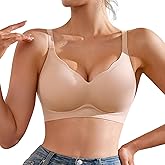 DEANGELMON Scalloped V Neck Wireless Bras for Women Seamless No Underwire Full Coverage Push Up Bras Soft Comfort Bralettes