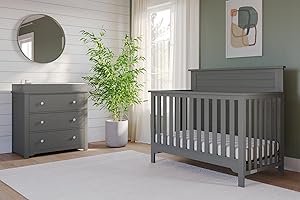 Child Craft Farmhouse Crib, 3-Drawer Dresser with Changing Table Topper Nursery Set, 3-Piece, Includes 4-in-1 Convertible Crib, Dresser with Topper, Grows with Your Baby (Brushed Pebble)