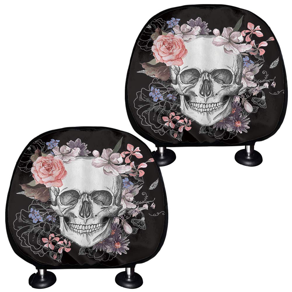 Woisttop Vintage Skulle Floral Rose Car Seat Headrest Cover Dustproof Elastic 2 Piece Head Rest Protector Fits Most Cars SUVs Vans Sedans