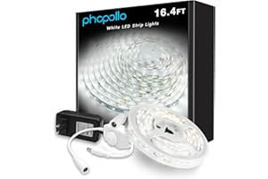 phopollo White LED Strip Lights, 16.4ft Dimmable 6500k Daylight White Led Light Strip, 300 LEDs Flexible Led Lights for Bedroom, Mirror, Kitchen Decoration