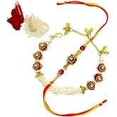 NiLy Craft Handmade Kundan Ball And Glass Beads Rakhi Set | Unique Designer Couple Rakhi For Bhai And Bhabhi | Red Kundan Ball - 1 Pair