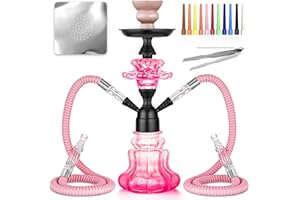 HOOWA Hookah Set With Everything 14'' Shisha Hookah Complete Set - Glass Flower Vase, Ledther Hose, Foils, HookahTips, Ceramic Bowl, Coal Tong (Pink)