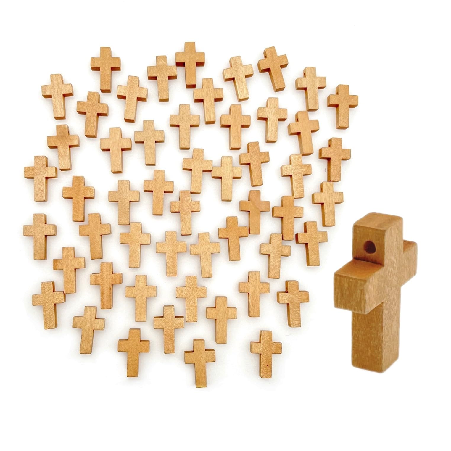 JZK 50 x Small wooden crosses for jewellery making, with 1.5mm hole, mini wood crosss beads pendants charms for making necklace, keyring, diy craft accessories for christening party favours