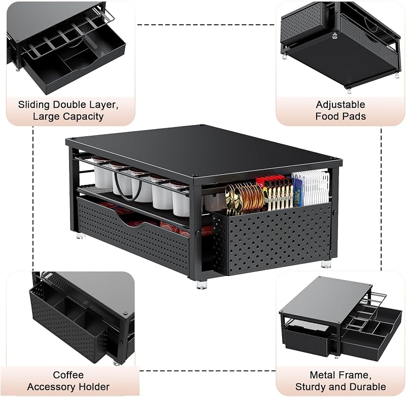 Support de dosettes de café K avec tiroir de rangement coulissant à 2 niveaux et 1 panier suspendu pour 51 grandes ou 73 petites capsules, accessoires de rangement pour comptoir, bureau, cuisine (noir