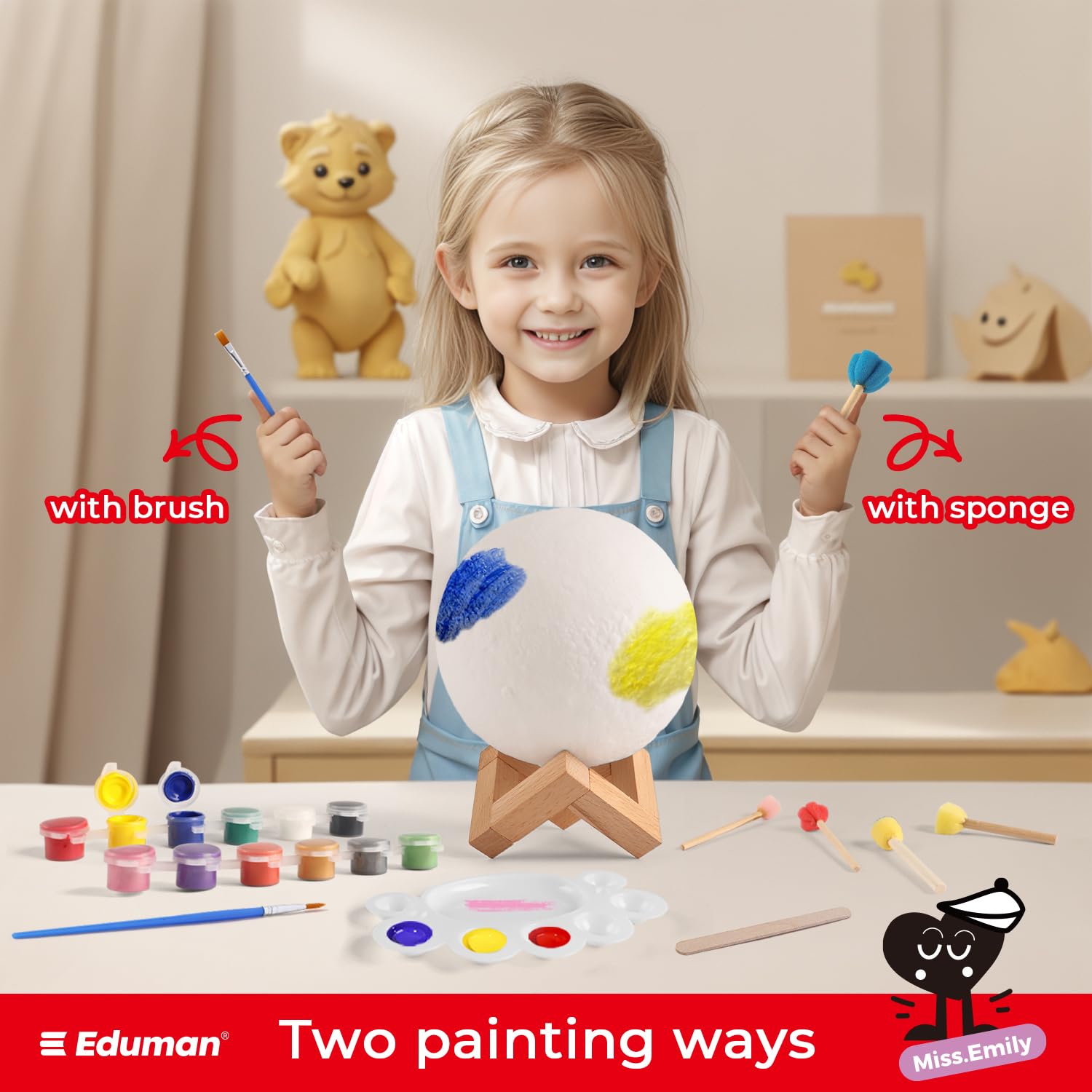 EDUMAN Paint Your Own Moon Lamp Kit, DIY 3D Moon Night Light with Space Figurines & Wooden Stand,Space Toys Night Light Gift for Kids Ages 3-12, Arts and Crafts Kit for Teens Girls Boys